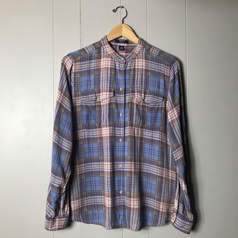 CHAPS BLUE CORAL PLAID 100% VISCOSE FLANNEL BUTTON DOWN SHIRT WOMENS LARGE